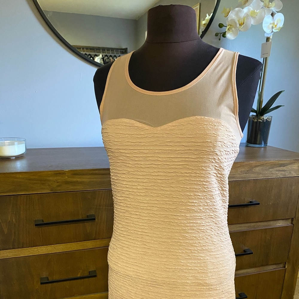 Cream Ribbed/Mesh Bodycon Dress